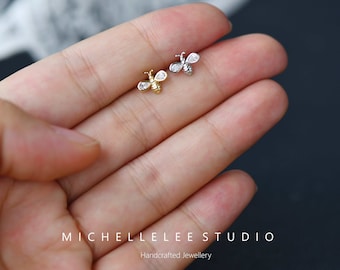 Sterling Silver Honey Bee with CZ crystal wing Stud Earrings, Honey Bee Earrings, Gold Bee Earrings,Bumble Bee Earrings