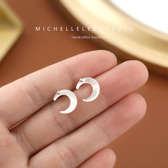Green Mother of Pearl Sterling Silver Moon Stud Earrings Green Mother of Pearl Sterling Silver Moon Stud Earrings