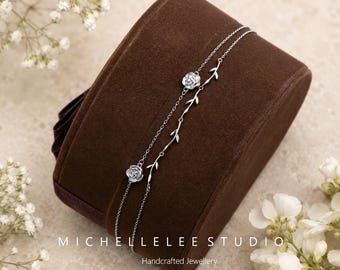 Bracelet de cheville rose et feuille en argent sterling 925, bracelet de cheville feuilles d'arbre, bracelet de cheville fleur