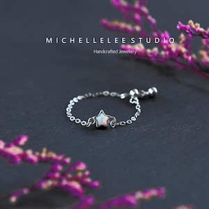 Star Opal Sterling Silver Chain Ring, Adjustable Synthetic Opal