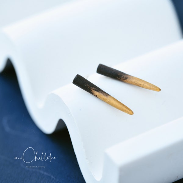Ceramic Long Spike Stud Earrings with Gold Dip, Black and Gold Stick Earrings, Minimalist Geometric Design