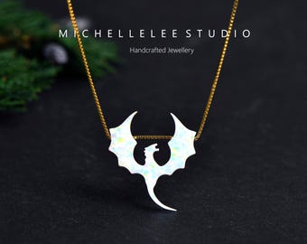 Large Gothic Dragon 925 Sterling Silver Necklace, Fire Opal Necklace