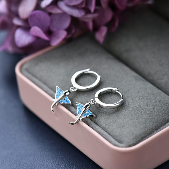 Manta Ray Huggie Hoops Earrings with Blue CZ Crystals, Sterling Silver Stingray Earrings, Sea Animal Earrings