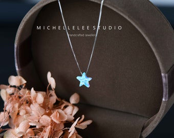 Blue Star Opal Necklace, Fire Opal necklace, Opal Star Necklace with Sterling Silver Chain, Opal Jewelry