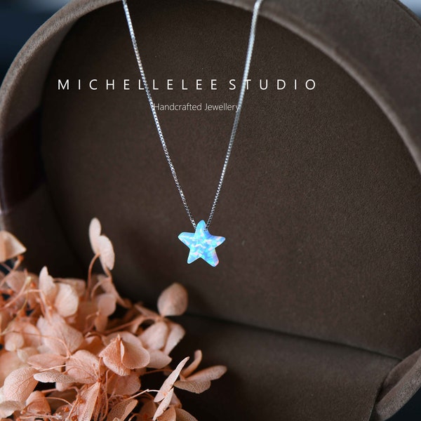 Collier Blue Star Opal, collier Fire Opal, collier Opal Star avec chaîne en argent sterling, bijoux Opal