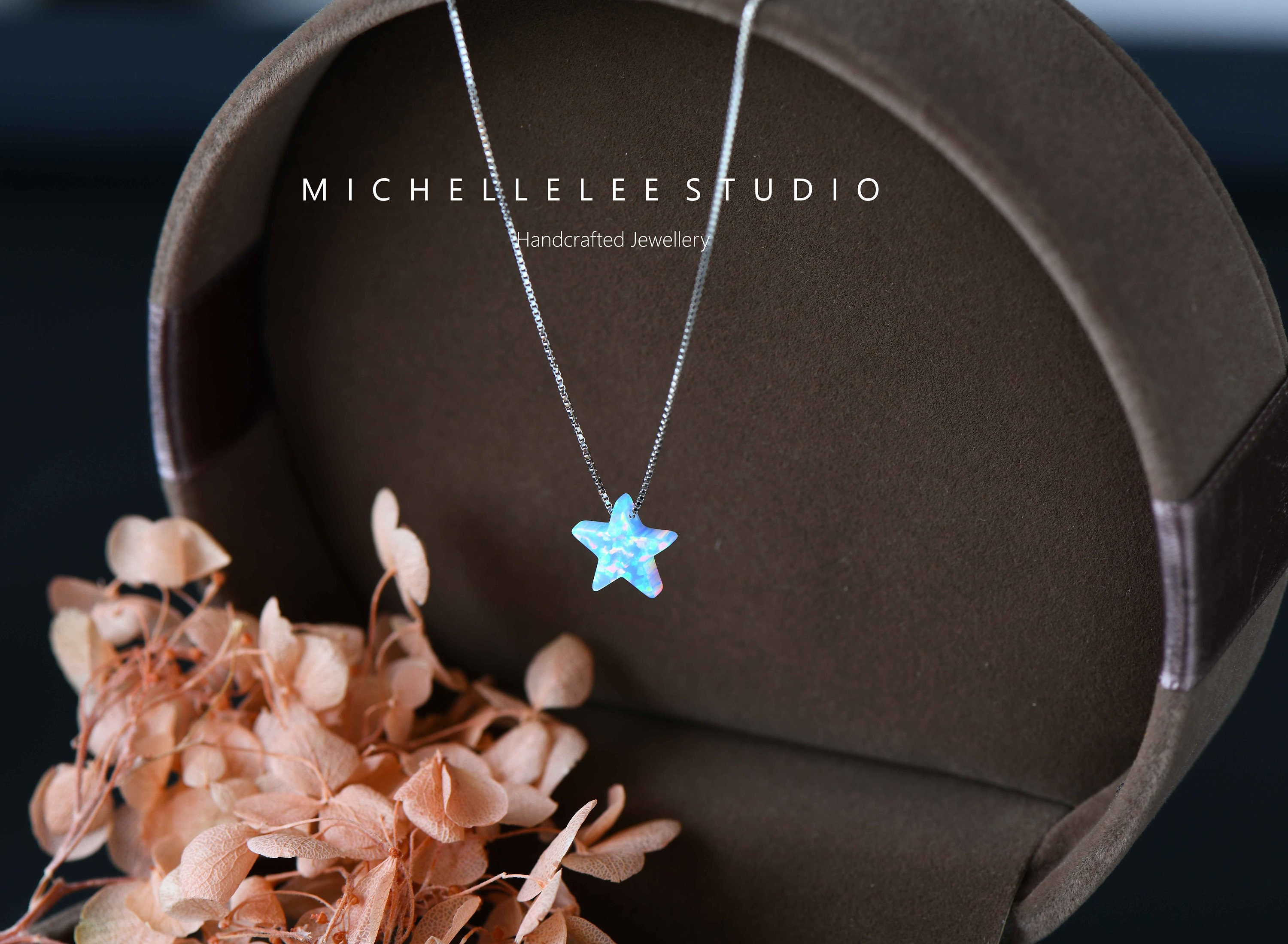 Blue Star Opal Necklace, Fire Opal necklace, Opal Star Necklace with Sterling Silver Chain, Opal Jewelry