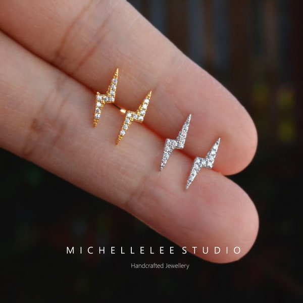 Sterling Silver CZ Crystal Lightning Bolt Stud Earrings,Gold Over Sterling Silver,Tiny Earrings