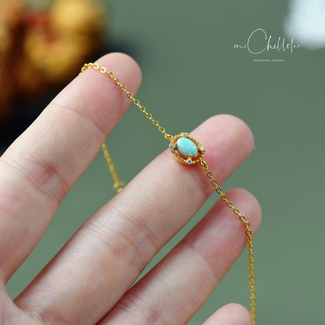 Dainty Green Opal Bracelet in Sterling Silver Vintage Style Etsy UK