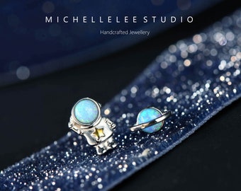 Space Astronaut and Opal Planet Stud Earrings in Sterling Silver, Mismatched Astronaut and Saturn Planet Earrings, Birthstone