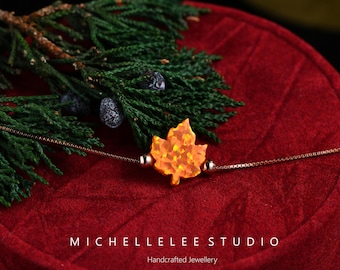 Orange Maple Leaf Opal Bracelet, Sterling Silver Chain