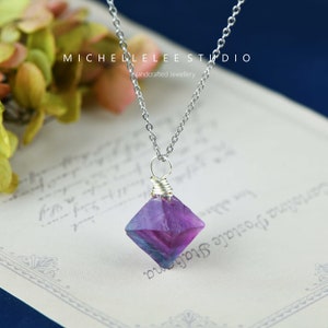 Raw Amethyst Crystal Pendant Necklace, Octahedron shaped Crystal Necklace, Gold Wire Wrapped Pendent Necklace