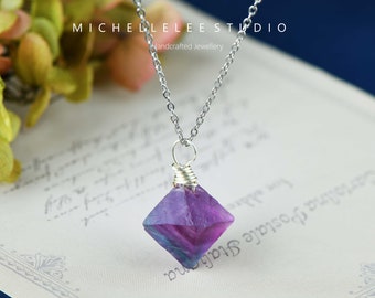 Raw Amethyst Crystal Pendant Necklace, Octahedron shaped Crystal Necklace, Gold Wire Wrapped Pendent Necklace