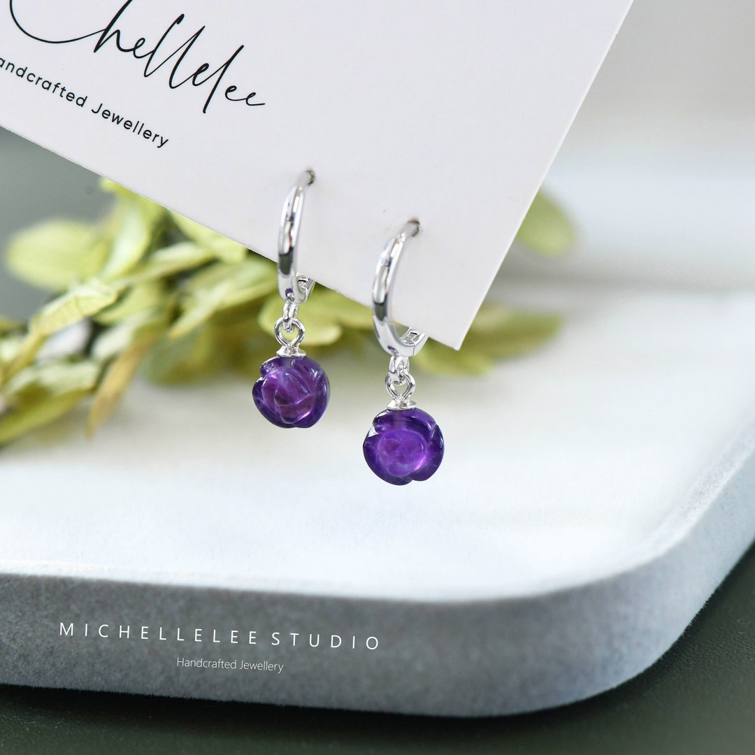 Hand Carved Natural Amethyst Flower Hoop Earrings Purple Rose