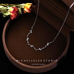 Dainty Olive Leaves Necklace in Sterling Silver, CZ Crystal Tree Leaves Necklace, Gift for Her