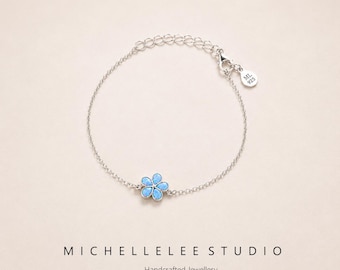 Bracelet minimaliste en argent sterling 925 avec fleur de marguerite, bracelet fleur d'opale bleue