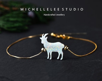 White Opal Goat Bracelet, Sterling Silver Mountain Goat Bracelet, Animal Lover Jewelry Gift for Her