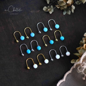 Minimalist Opal  Drop Hook Earrings, Fire Opal Open Hoop Earrings with Screw Backs, Blue and White Opal Earrings, Gift for Her