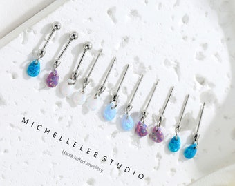Dangling Opal Droplet Ear Helix, Teardrop White, Blue and Purple Fire Opal Stud Earrings, Pear Cut Opal Earrings, Ear Conch