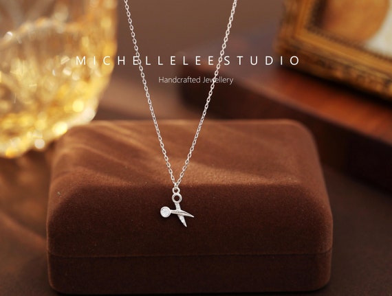 Tiny Scissors Pendant Necklace with CZ Crystals, Sterling Silver Scissor Necklace, Gift for Her, Mum
