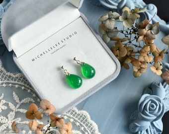 Tiny Natural Agate Teardrop Stud Earrings in Sterling Silver, Dangling Droplet Green Gemstone Earrings, Gift for Her