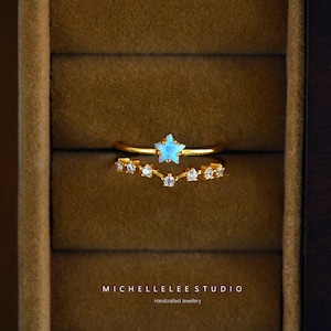 Minimalist Opal Star Adjustable Ring, Fire Opal Star Ring in Sterling Silver, Star Trio Ring, Birthstone