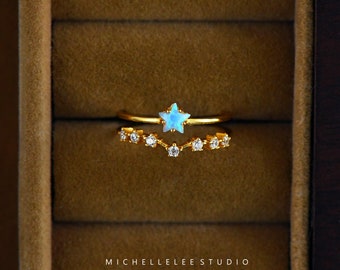 Minimalistische Opal Star verstelbare ring, Fire Opal Star Ring in Sterling Zilver, Star Trio Ring, Geboortesteen