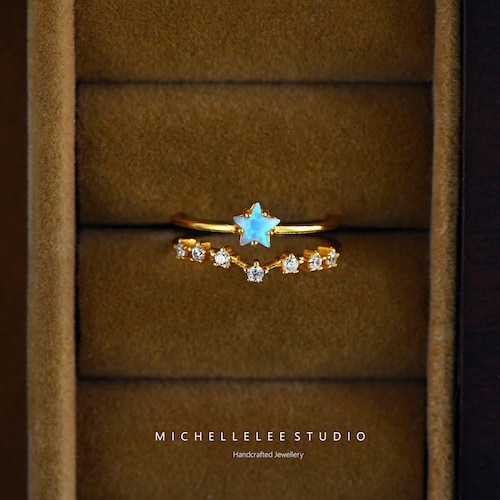 Minimalistischer Opal Stern Ring, Sterling Silber Verstellbares Band