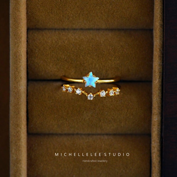 Minimalistische Opal Star verstelbare ring, Fire Opal Star Ring in Sterling Zilver, Star Trio Ring, Geboortesteen