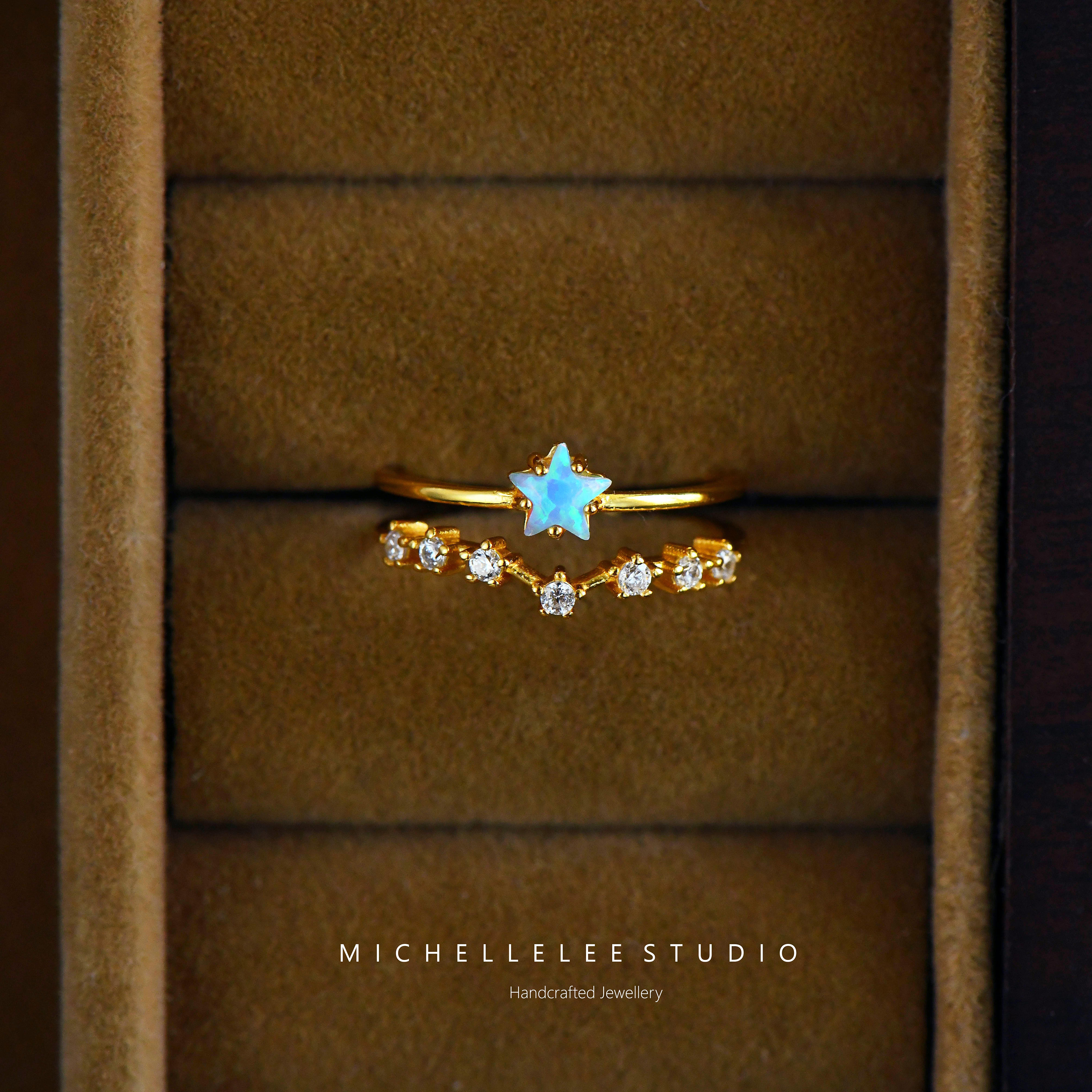 Minimalist Opal Star Adjustable Ring, Fire Opal Star Ring in Sterling Silver, Star Trio Ring, Birthstone