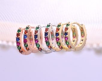 Sterling Silver Rainbow Huggie Hoop Earrings, CZ Pave Rainbow Colour Hoops