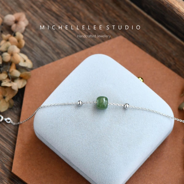 Simple Green Jade Bracelet, Sterling Silver Bracelet with Natural Jade Ball, Gift for her