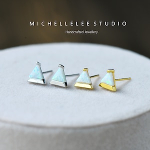 White Opal Triangle Stud Earrings, Fire Opal Triangle Earring Studs with Matching Necklace, Sterling Silver Earrings, Minimalist Geometric