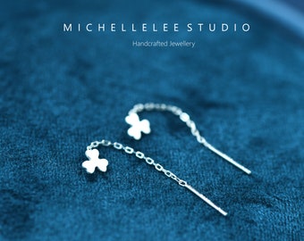 Dainty Flower Ear Threaders, Sterling Silver Clover Threaders, Droplet Ear Threaders, Minimalistisch