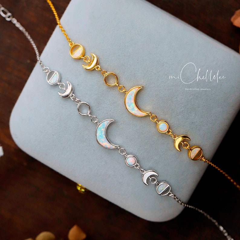 Bracelet phases de lune opale blanche, bracelet en argent sterling croissant de lune opale de feu, cadeau pour elle, pierres de naissance d'octobre image 4