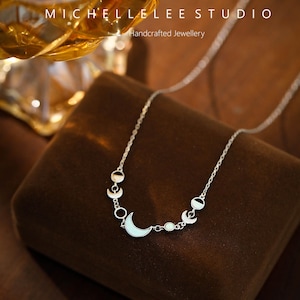 White Opal Moon Phases Necklace, Fire Opal Crescent Moon Sterling ...