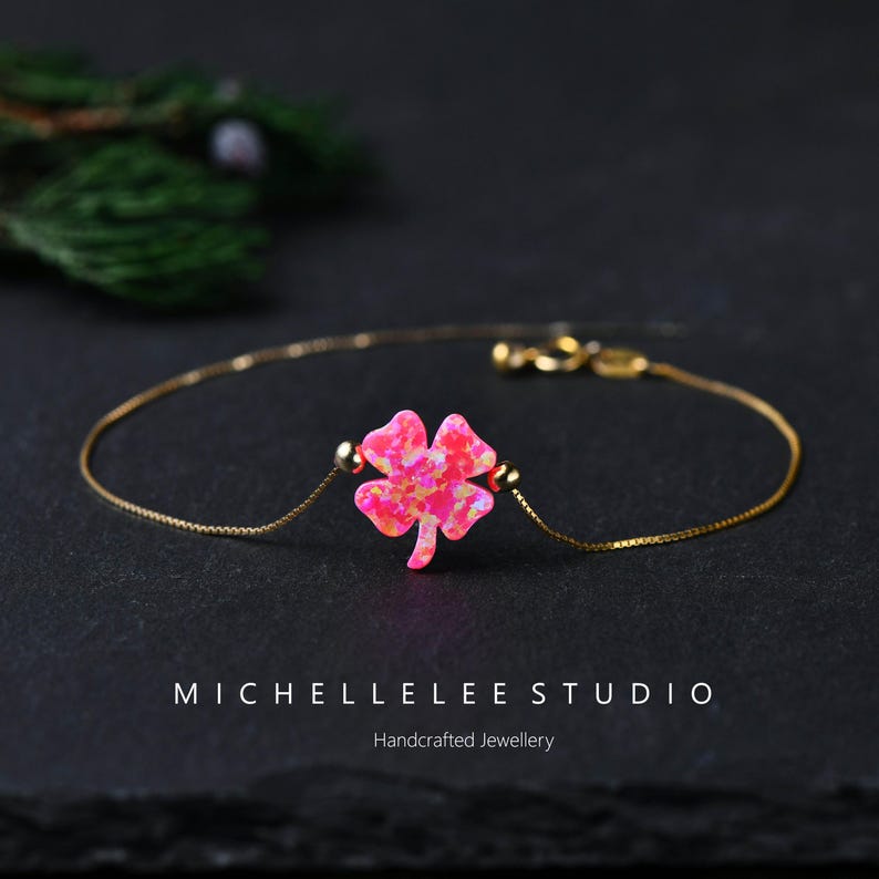 Pink Opal Clover Necklace, Four Leaf Clover Pendant Necklace in 925 Sterling Silver, Lucky Clover Necklace image 3