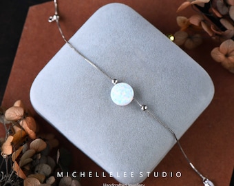 Opal Bead Bracelet, White & Blue, Sterling Silver Chain