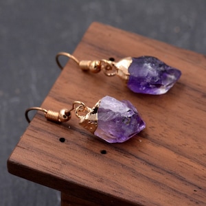 Natural Raw Amethyst Dangling Earrings, Gold Dipped Amethyst Drop Earrings with Matching Pendant, Minimalist Crystal