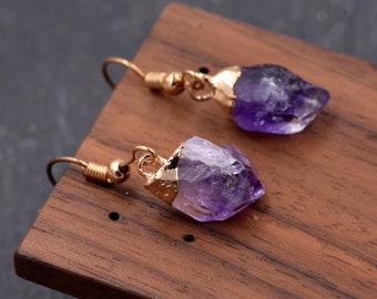 Natural Raw Amethyst Dangling Earrings, Gold Dipped Amethyst Drop Earrings with Matching Pendant, Minimalist Crystal