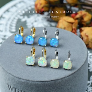 Minimalist Large Square Fire Opal Huggie Hoop Earrings, Gold Plated Huggie Hoop Earrings, Simple Geometric Jewellery