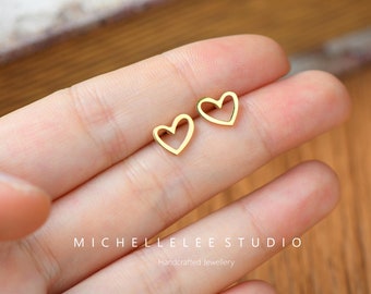 Cute Heart Stud Earrings, Open Heart Earring, Gold and Silver Stainless Steel Earrings, Helix, Lobe