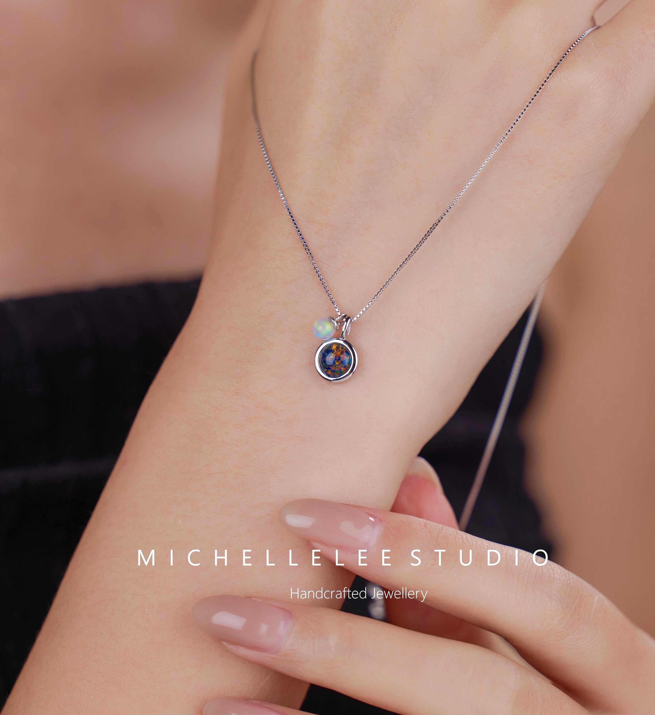 ブラックオパールスターリングシルバーネックレス、ブラック＆ホワイト