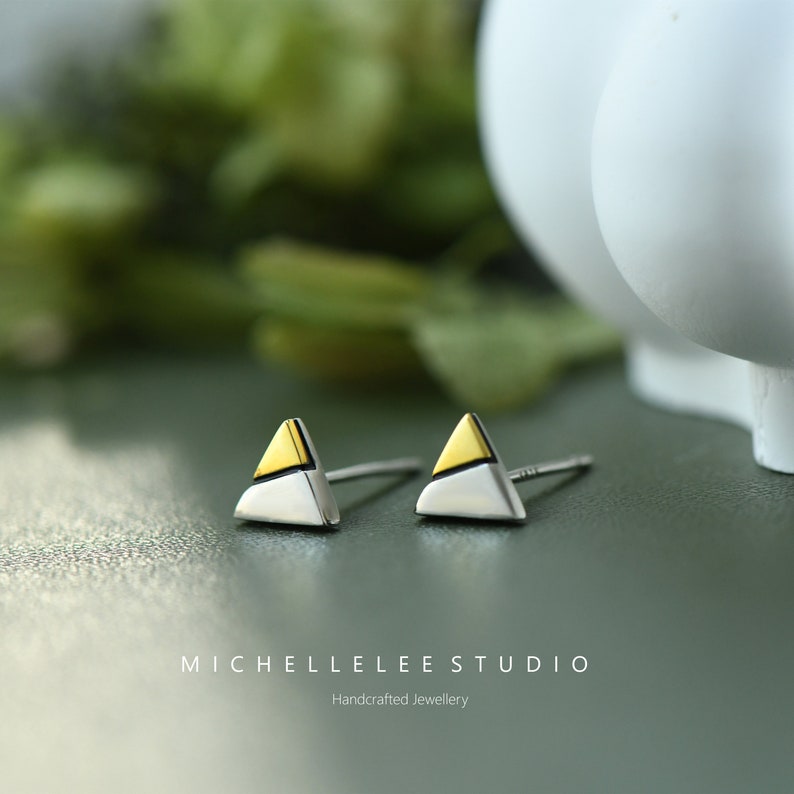 Gold and Silver Mismatched Color Triangle Stud Earrings, Minimalist Geometry Earrings image 2