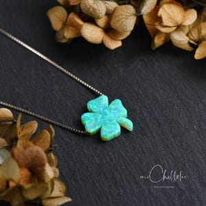May include: A silver necklace with a four-leaf clover pendant in shimmering opalescent green and blue. The pendant is set against a dark backdrop with dried flowers, creating a striking contrast. The necklace is a delicate piece of jewellery.