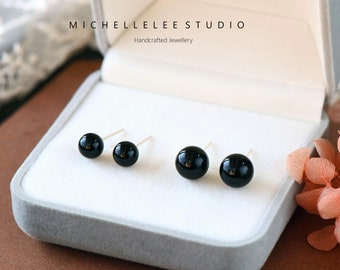 Genuine Black Onyx Ball Stud Earrings, Natural Black Crystal Earrings, Minimalist Geometric