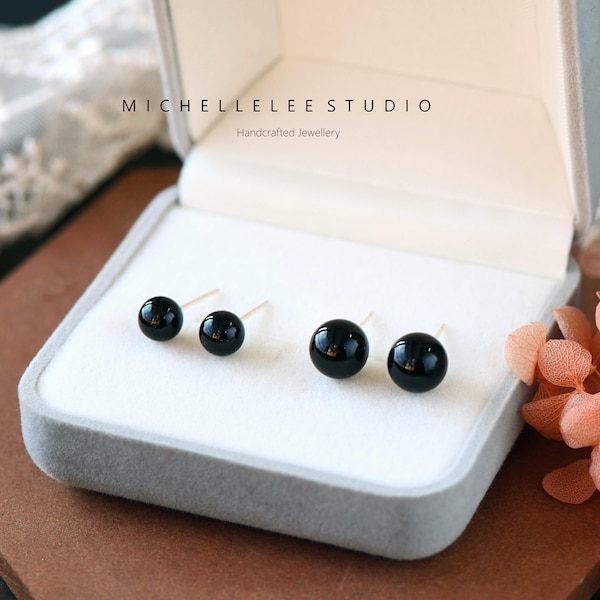 Genuine Black Onyx Ball Stud Earrings, Natural Black Crystal Earrings, Minimalist Geometric