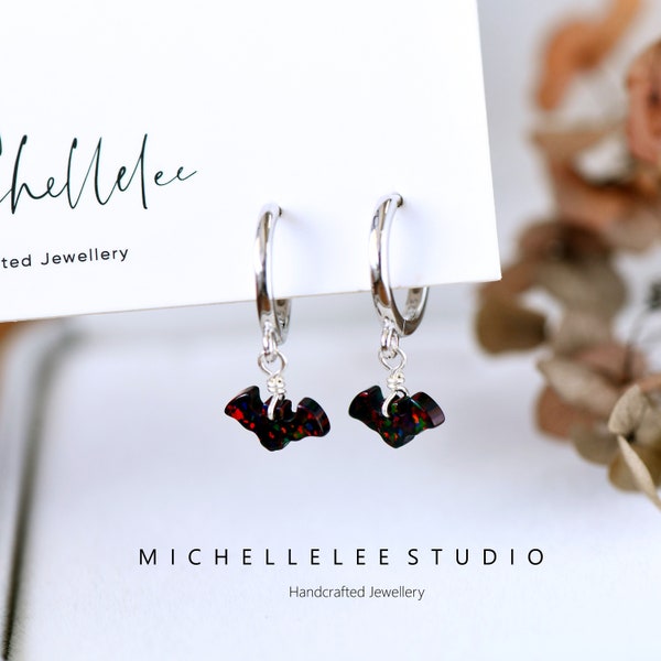 Bat Opal Huggie Hoop Earrings, October Birthstone