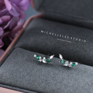 Sterling Silver White and Green Crystal Cluster Earrings, Bridal Stud Earrings, Baguette CZ Trio, Stacking Earrings