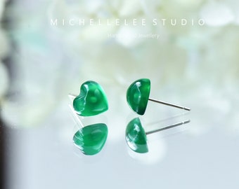 Green Onyx Heart Stud Earrings in Sterling Silver,8mm Natural Emerald Crystal Earrings, Matching Necklace