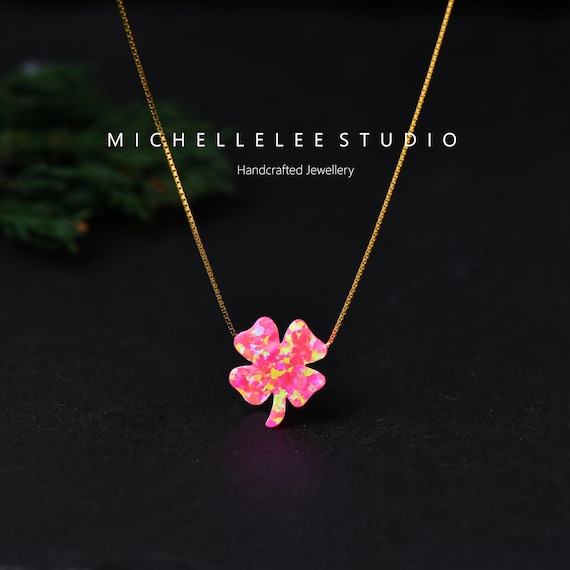 Pink Opal Clover Necklace, Four Leaf Clover  Pendant Necklace in 925 Sterling Silver, Lucky Clover Necklace